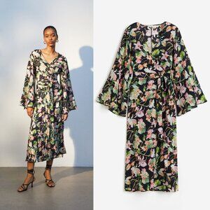 H&M pleated wrap dress floral tropical black green kimono coverup maxi medium